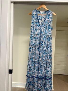 Vilebrequin Poupette St. Barth White and Blue Iris Floral Tiered Maxi Dress